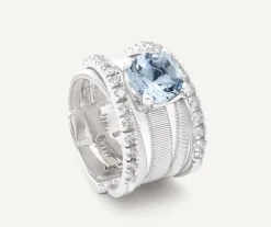 Rings-Marco Bicego 18K White Gold Five-Strand Ring With Aquamarine and Diamonds Whitegold