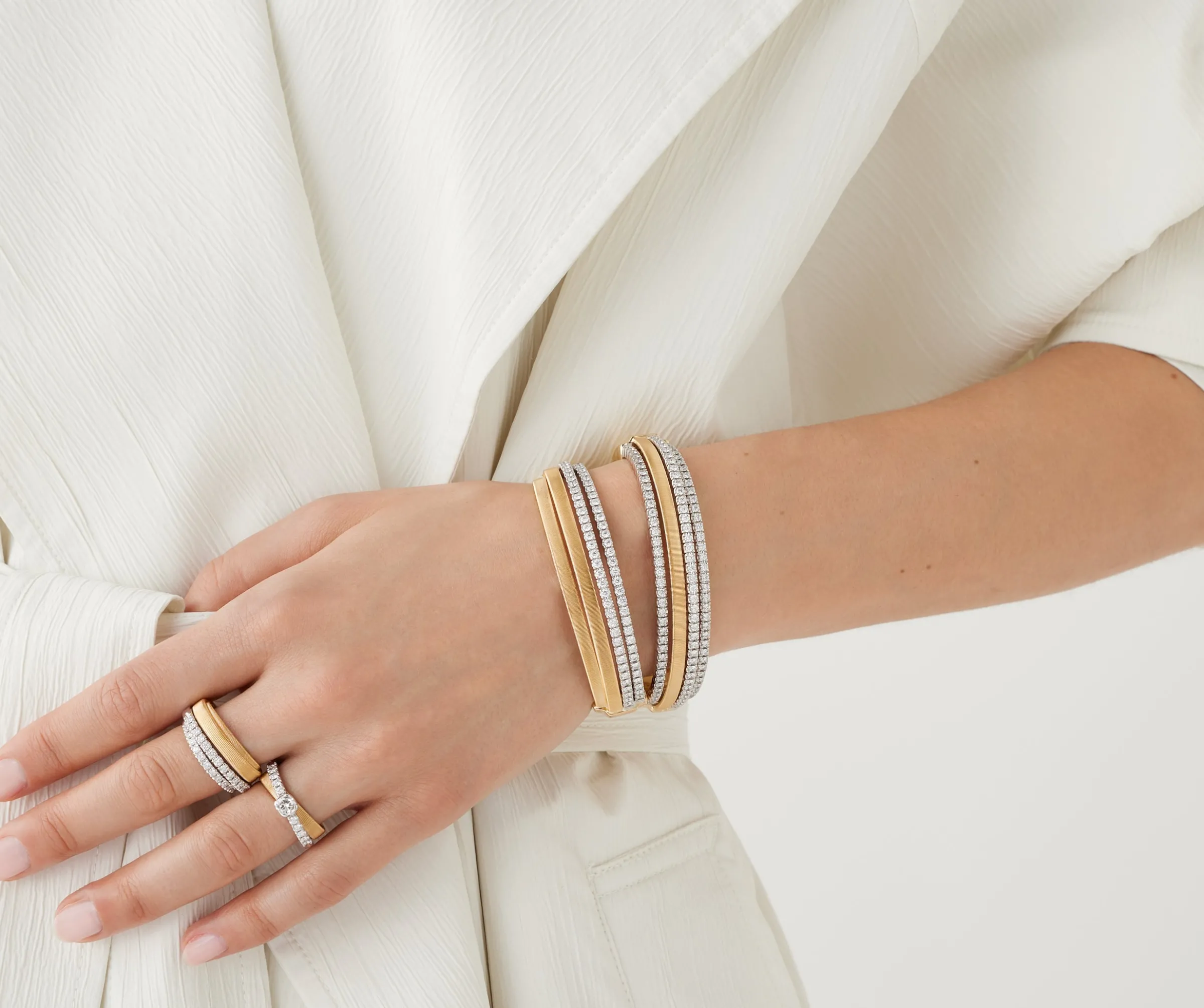 Bracelets-Marco Bicego 18K Yellow Gold 2 Row Diamond Tennis Statement Cuff Yellowgold