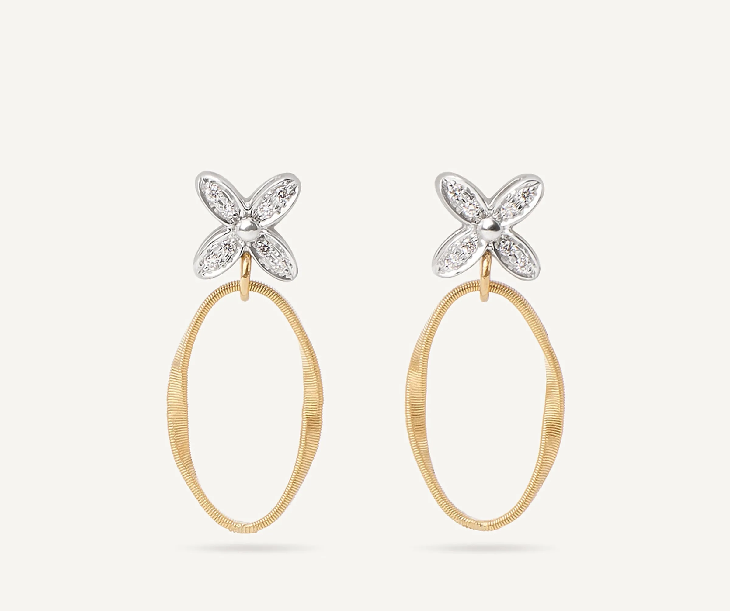 Earrings-Marco Bicego 18K Yellow Gold and Diamond Drop Earrings with Floral Diamonds Yellowgold