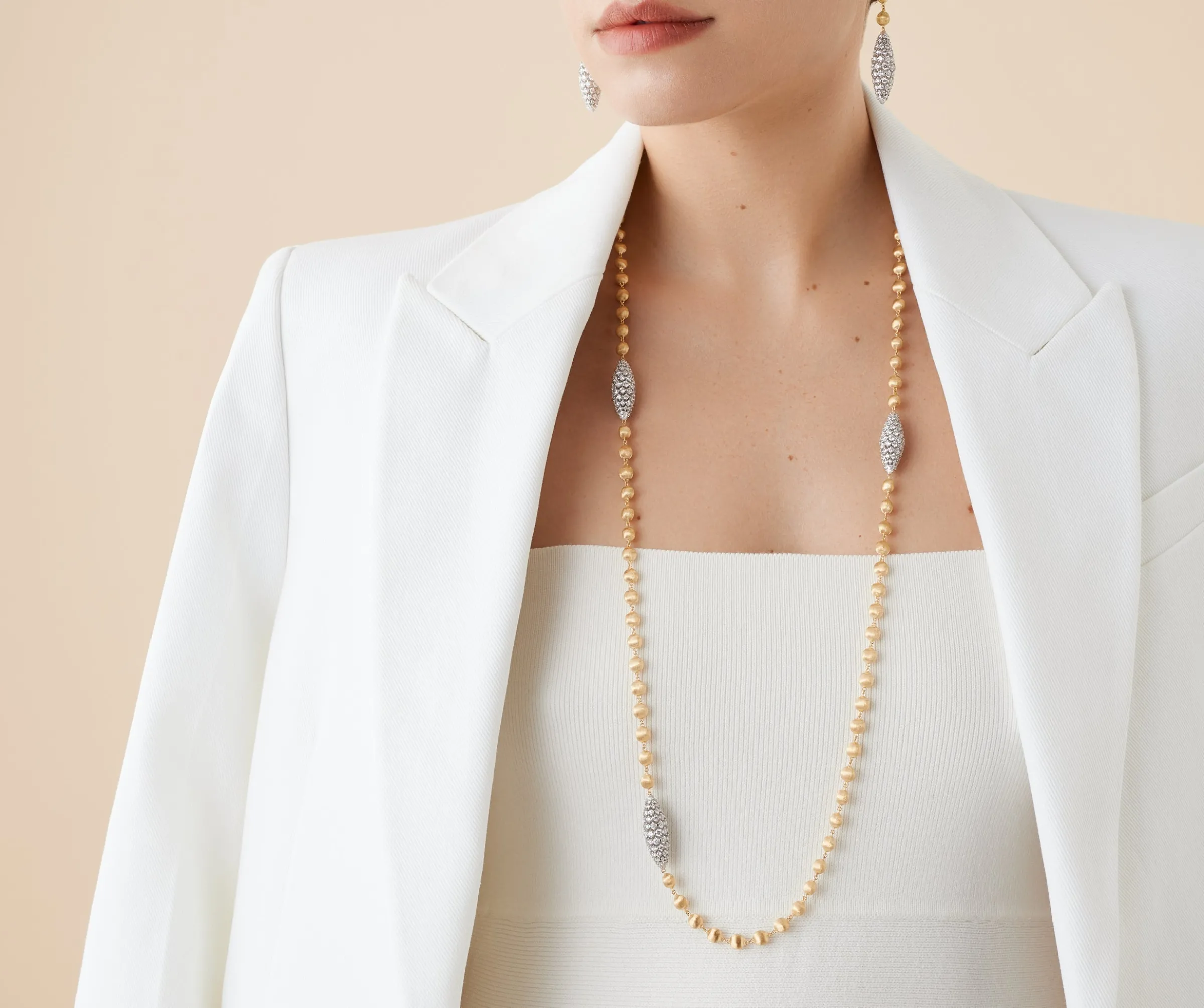 Necklaces-Marco Bicego 18K Yellow Gold Bead Long Necklace With Diamond Elements Yellowgold