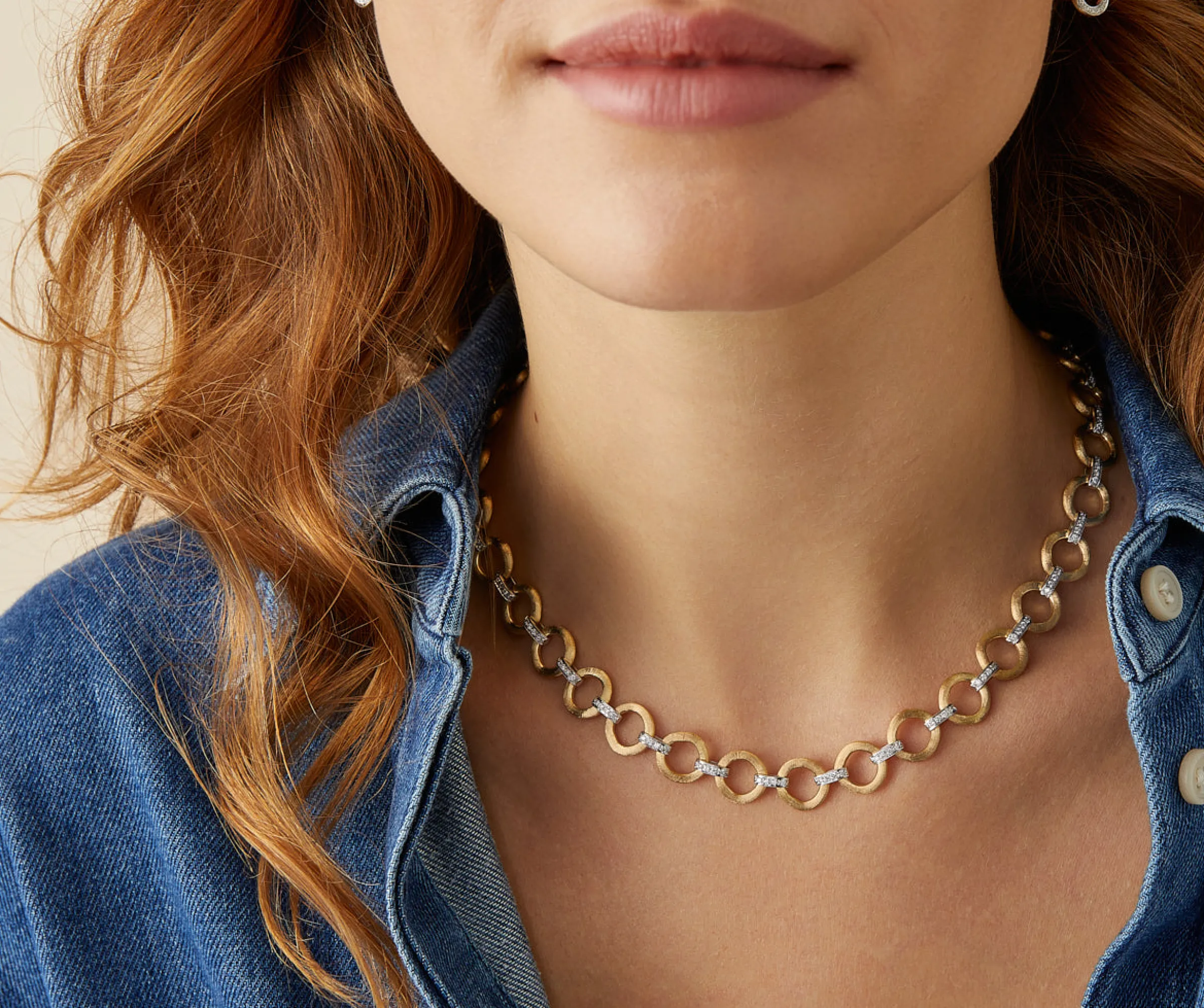 Necklaces-Marco Bicego 18K Yellow Gold Flat Link Collar Necklace With Diamond Accents Yellowgold
