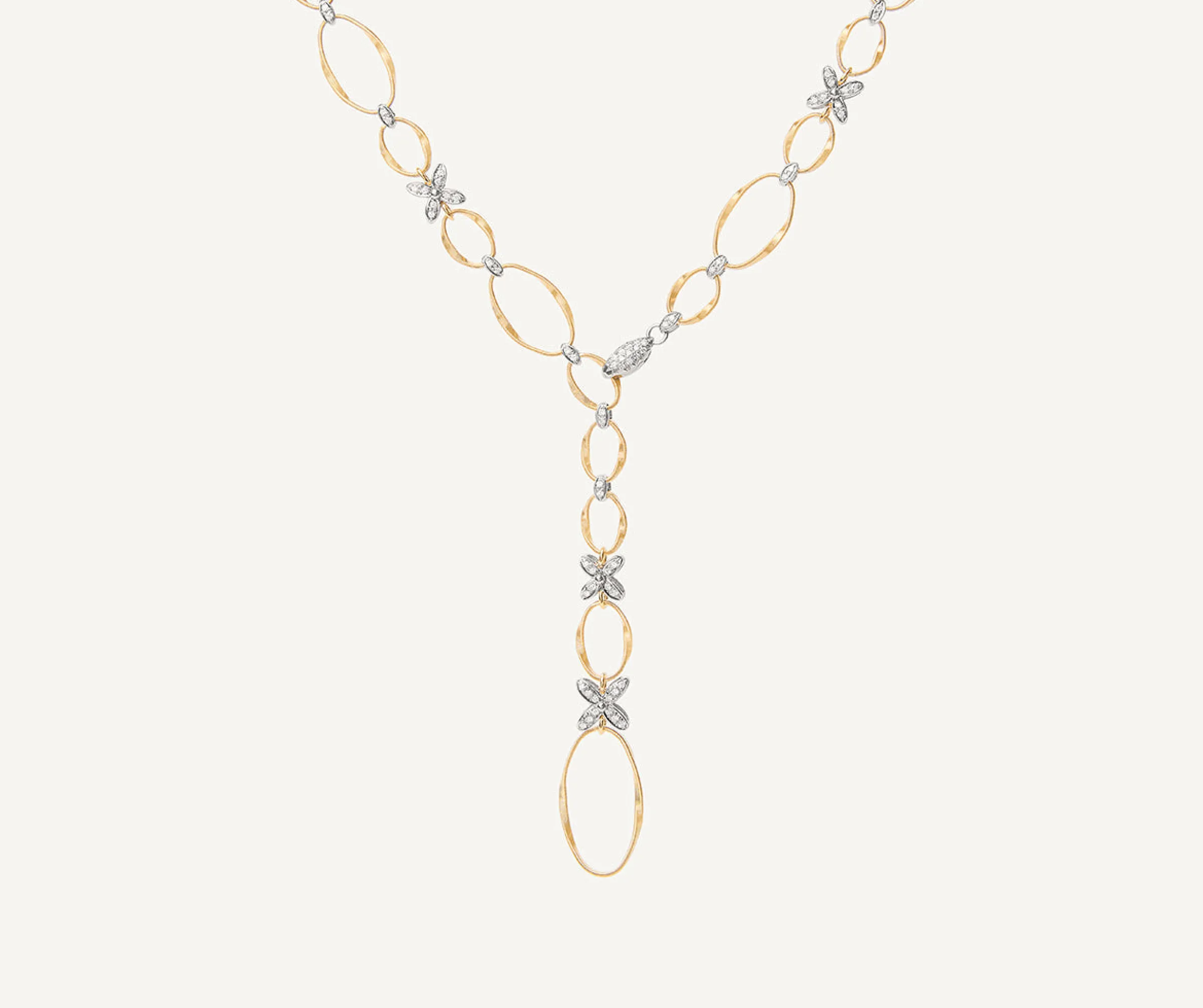 Necklaces-Marco Bicego 18K Yellow Gold Flat Link Lariat with Diamond Flowers Yellowgold