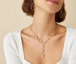 Necklaces-Marco Bicego 18K Yellow Gold Flat Link Lariat with Diamond Flowers Yellowgold