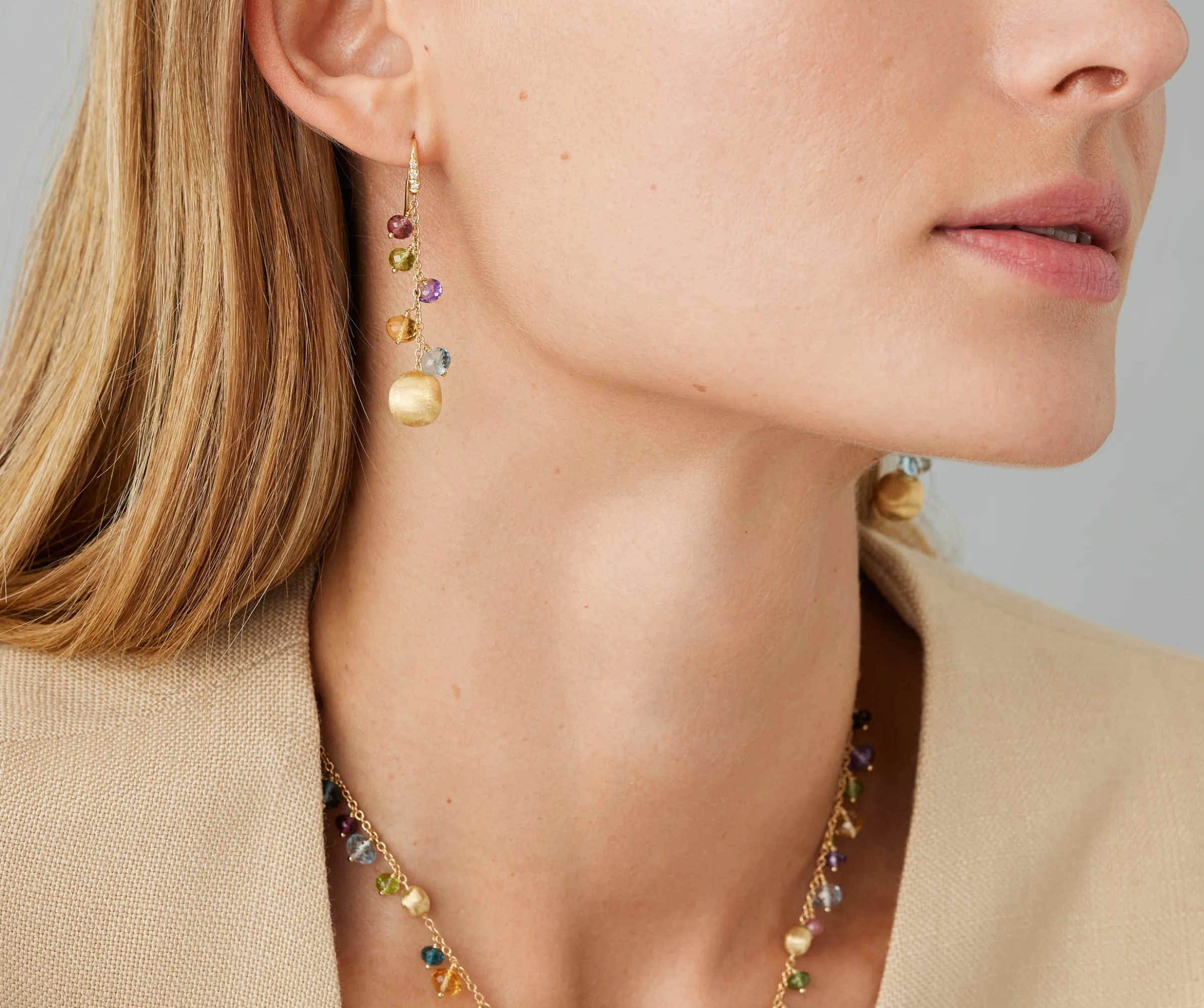 Earrings-Marco Bicego 18K Yellow Gold Mixed Gemstone Long Drop Earrings with Diamond Pavé Hook Yellowgold