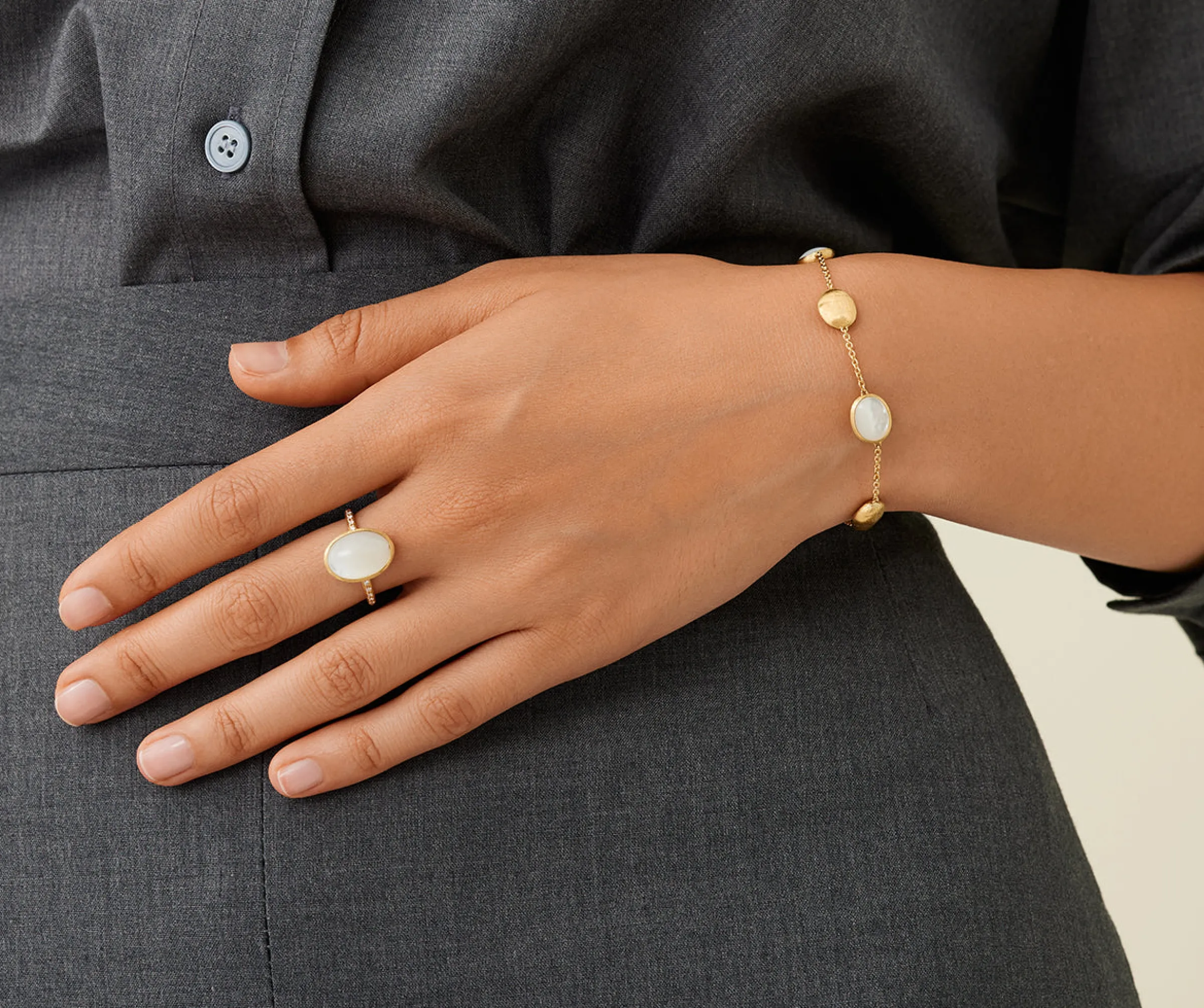 Rings-Marco Bicego 18K Yellow Gold Mother of Pearl Ring with Diamond Pavé Shank Yellowgold