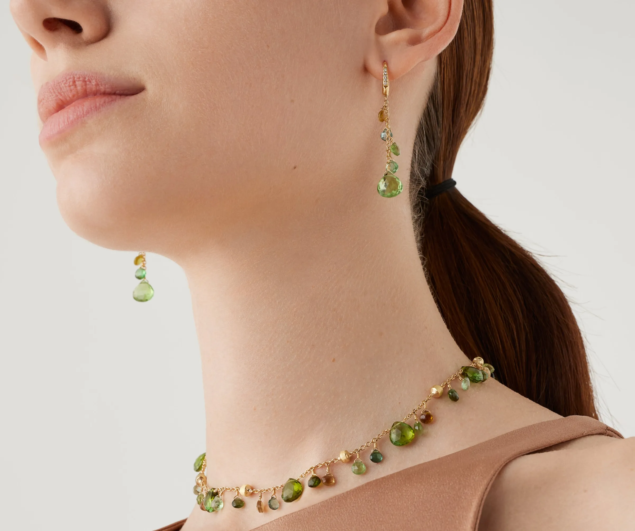 Earrings-Marco Bicego 18K Yellow Gold Single-Strand Green Tourmaline Earrings and Diamond Accent Yellowgold