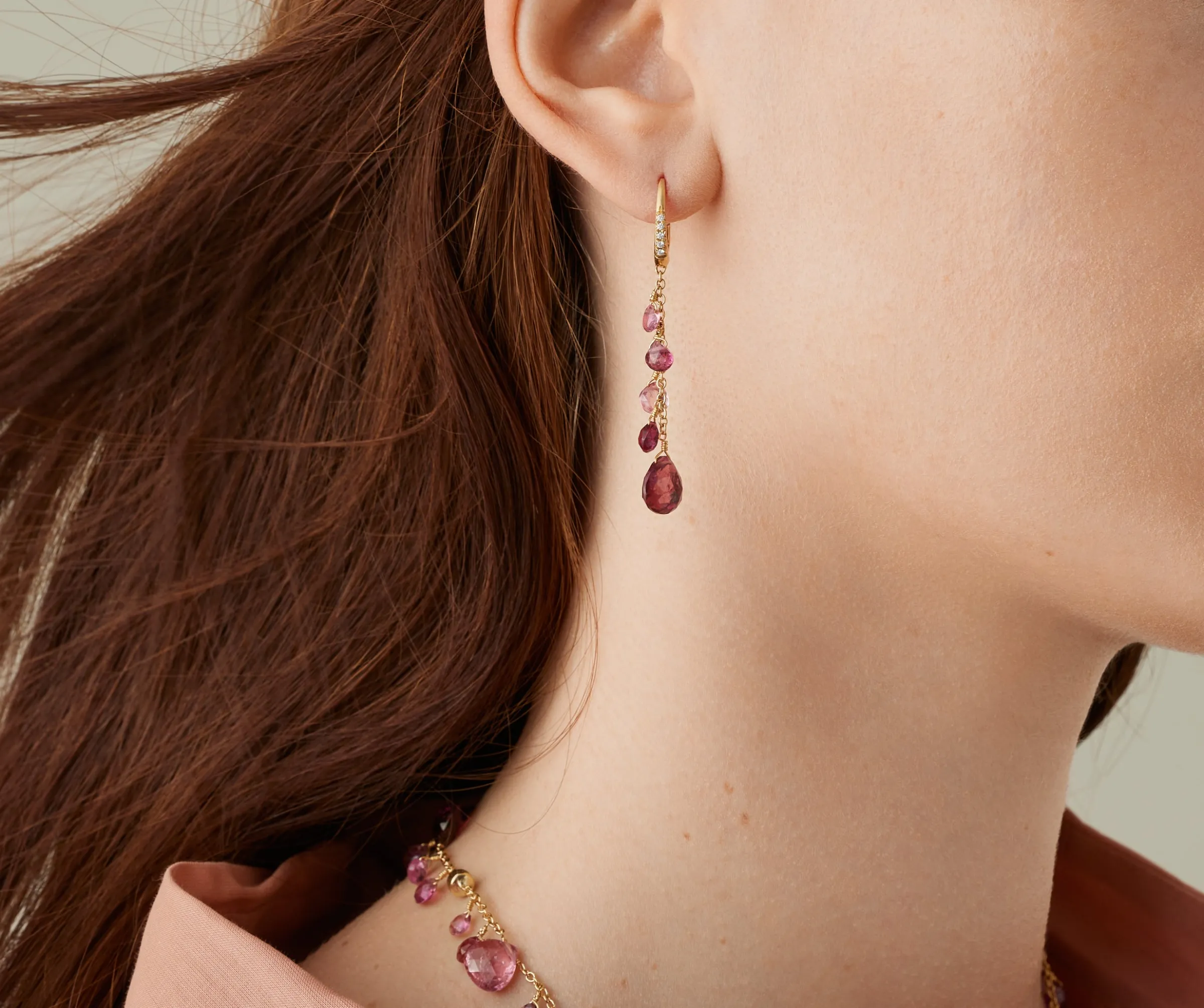 Earrings-Marco Bicego 18K Yellow Gold Single-Strand Pink Tourmaline Earrings and Diamond Accent Yellowgold