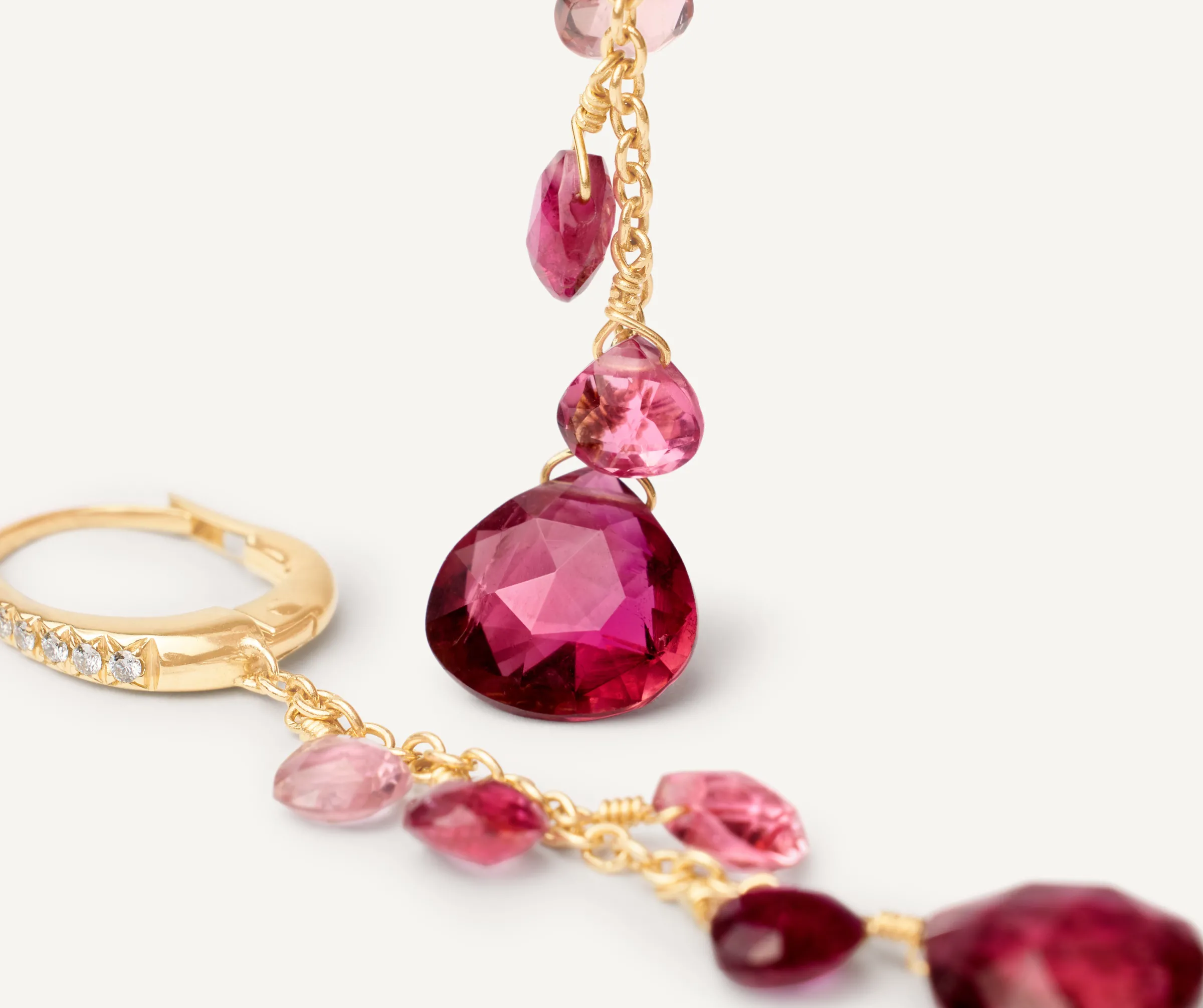 Earrings-Marco Bicego 18K Yellow Gold Single-Strand Pink Tourmaline Earrings and Diamond Accent Yellowgold