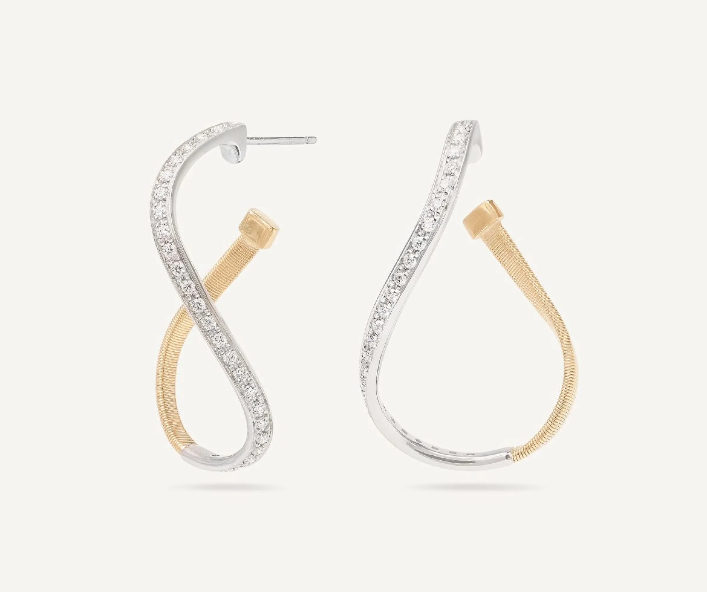 Earrings-Marco Bicego 18K Yellow Gold Twisted Irregular Small Hoops with Diamond Pavé Yellowandwhitegold