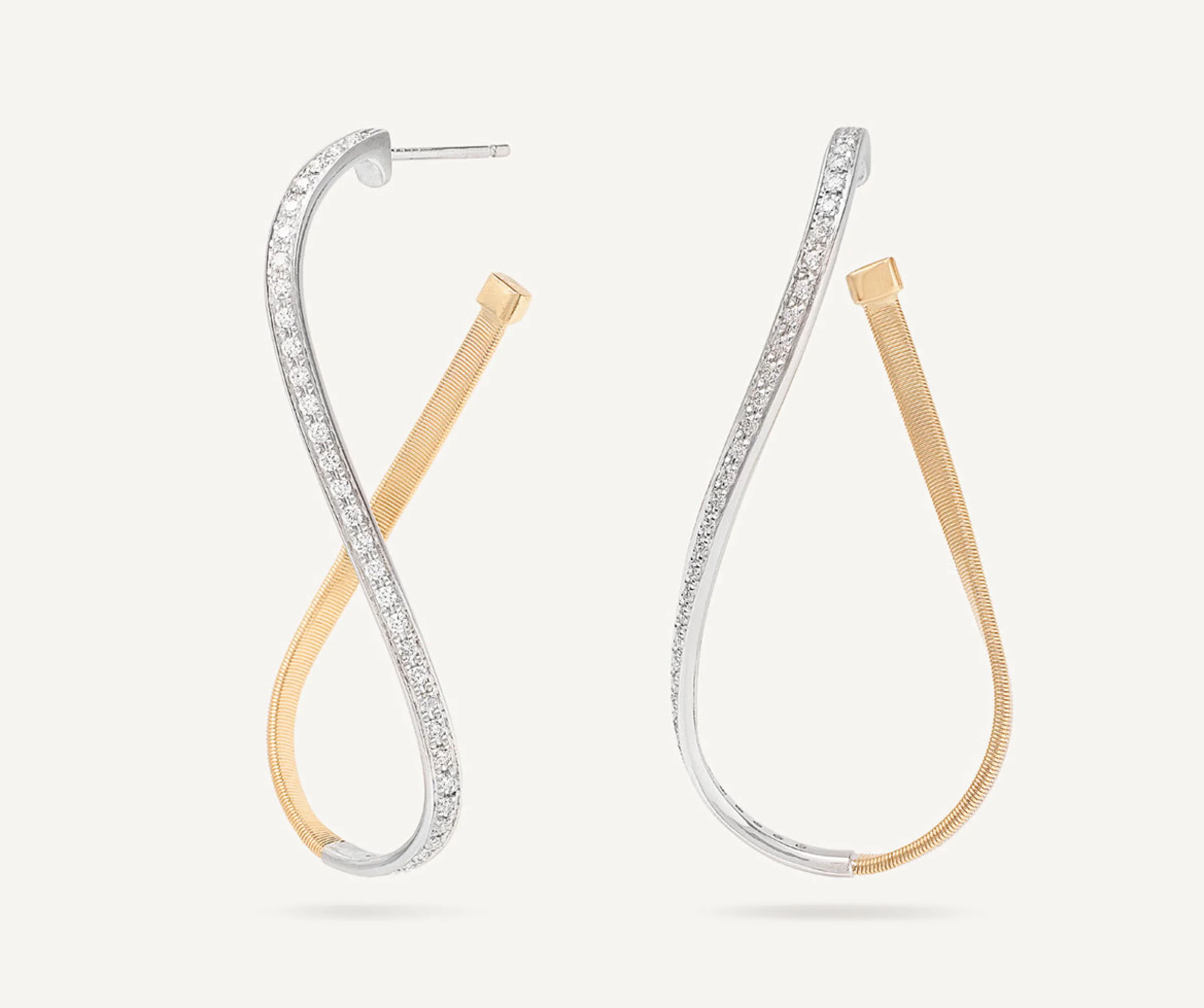 Earrings-Marco Bicego 18K Yellow Gold Twisted Irregular Medium Hoops with Diamond Pavé Yellowandwhitegold